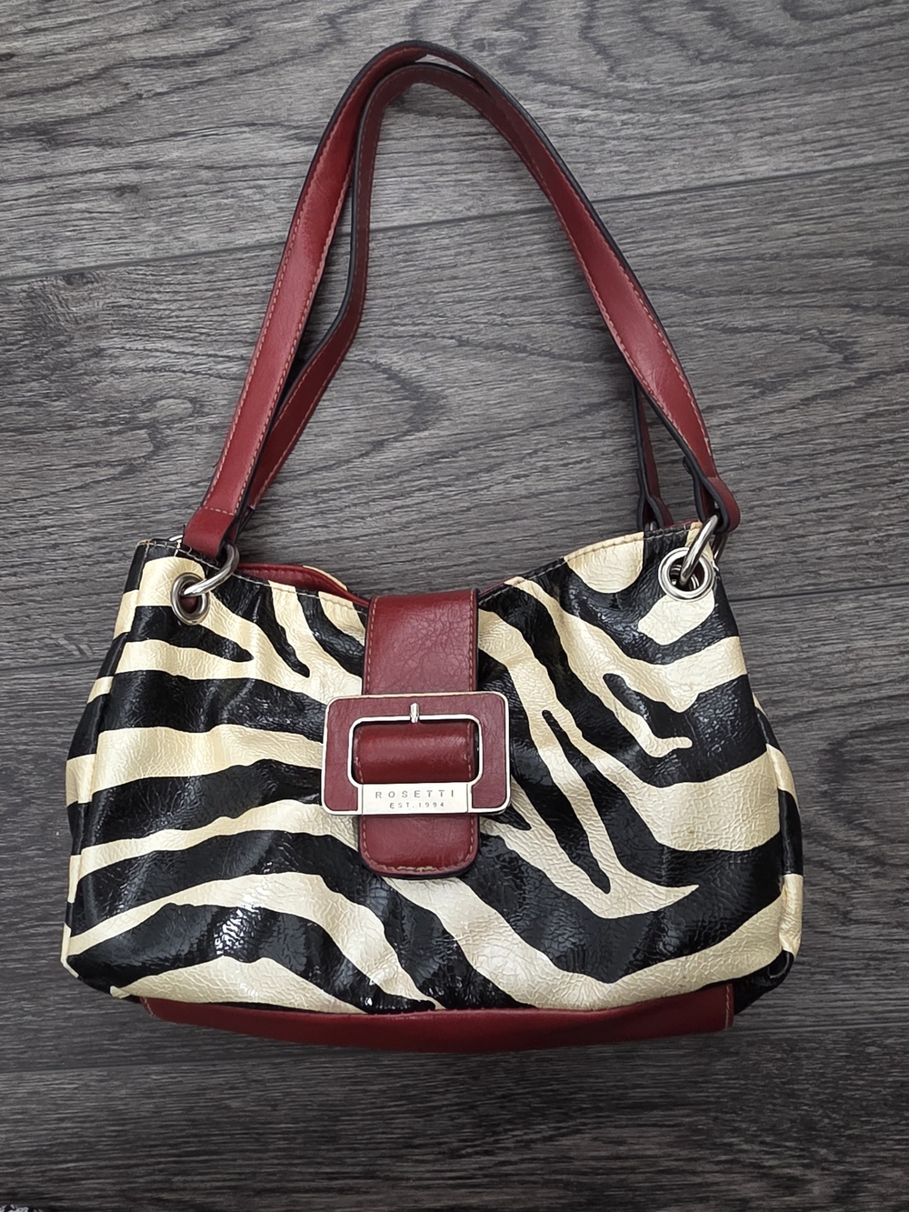 Rosetti Black and Cream Zebra Shoulder Bag with Red Trim